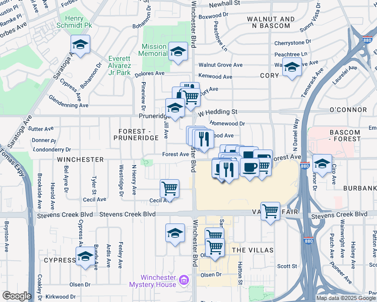 map of restaurants, bars, coffee shops, grocery stores, and more near 580 North Winchester Boulevard in San Jose