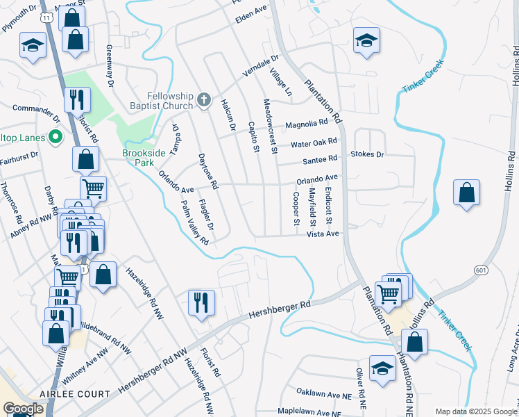 map of restaurants, bars, coffee shops, grocery stores, and more near 5404 Capito St in Roanoke
