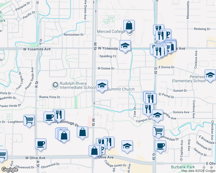 map of restaurants, bars, coffee shops, grocery stores, and more near 511 Buena Vista Drive in Merced