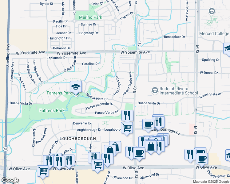 map of restaurants, bars, coffee shops, grocery stores, and more near 3422 Tres Logos Drive in Merced