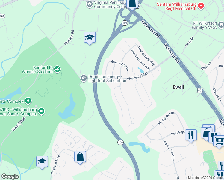 map of restaurants, bars, coffee shops, grocery stores, and more near 4724 Regents Park in Williamsburg
