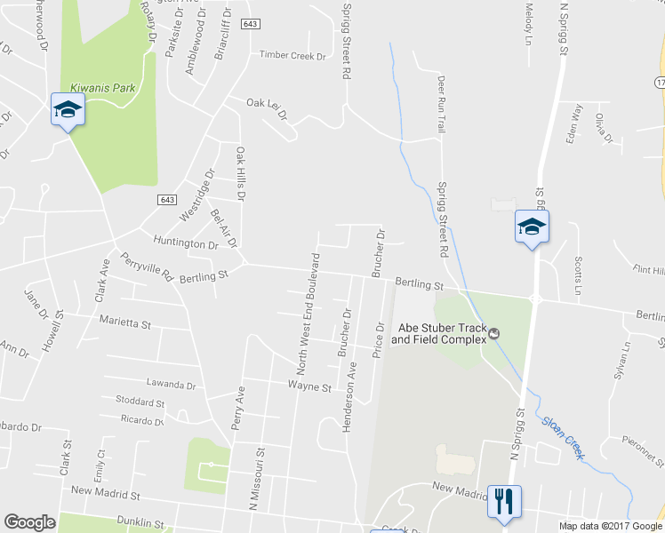 map of restaurants, bars, coffee shops, grocery stores, and more near 1310 Bertling Street in Cape Girardeau