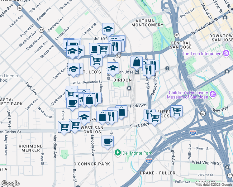 map of restaurants, bars, coffee shops, grocery stores, and more near 853 Georgetown Place in San Jose