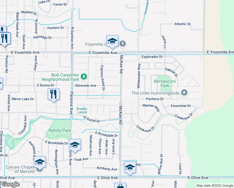 map of restaurants, bars, coffee shops, grocery stores, and more near 2178 Princeville Court in Merced