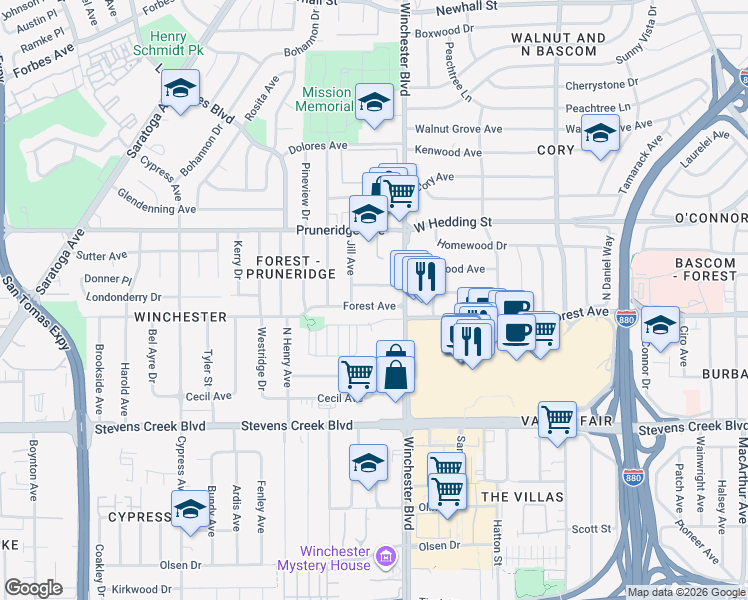 map of restaurants, bars, coffee shops, grocery stores, and more near 2539 Forest Avenue in San Jose