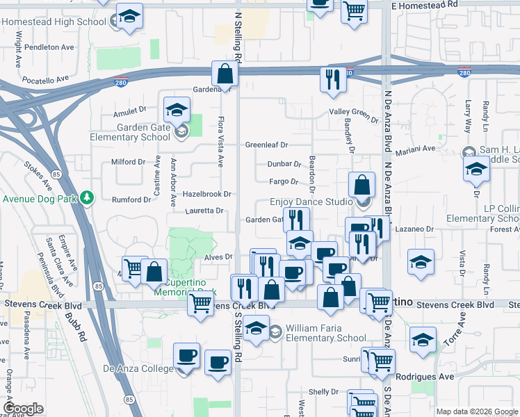 map of restaurants, bars, coffee shops, grocery stores, and more near 10322 Glencoe Drive in Cupertino