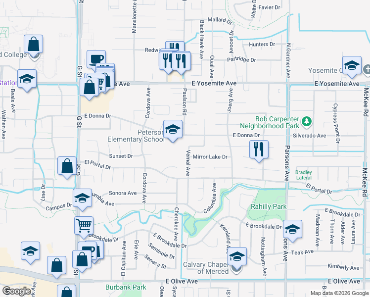 map of restaurants, bars, coffee shops, grocery stores, and more near 3559 Vernal Avenue in Merced