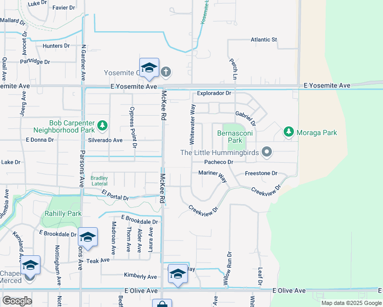 map of restaurants, bars, coffee shops, grocery stores, and more near 3624-3706 Whitewater Way in Merced