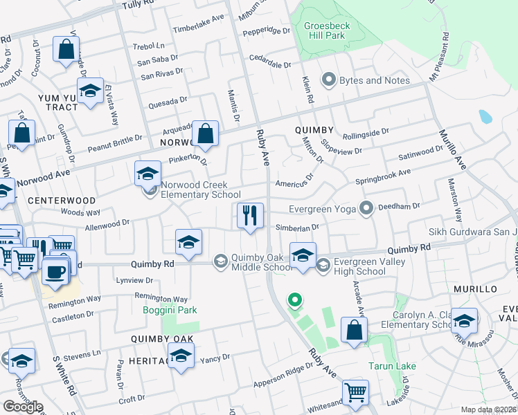 map of restaurants, bars, coffee shops, grocery stores, and more near 3209 Knightswood Way in San Jose