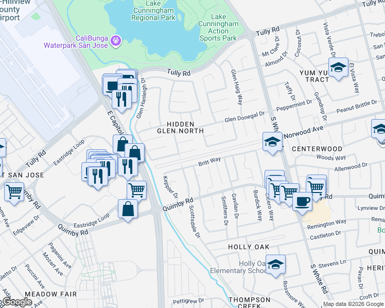 map of restaurants, bars, coffee shops, grocery stores, and more near 2706 Glen Amador Court in San Jose
