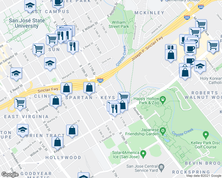 map of restaurants, bars, coffee shops, grocery stores, and more near 516 Martha Street in San Jose