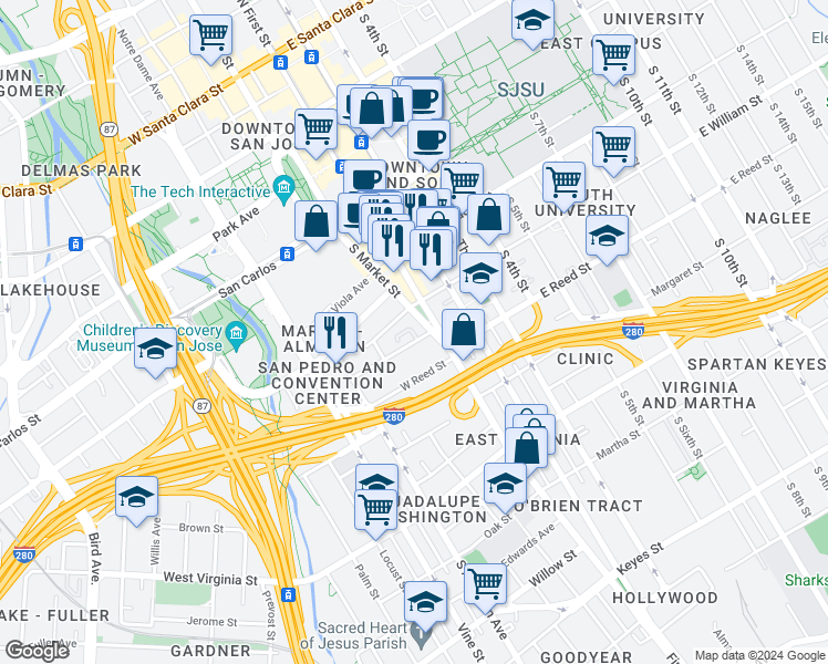 map of restaurants, bars, coffee shops, grocery stores, and more near 525 South Market Street in San Jose