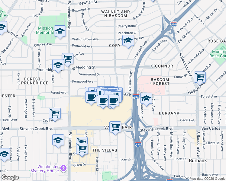 map of restaurants, bars, coffee shops, grocery stores, and more near 556 North Clover Avenue in San Jose