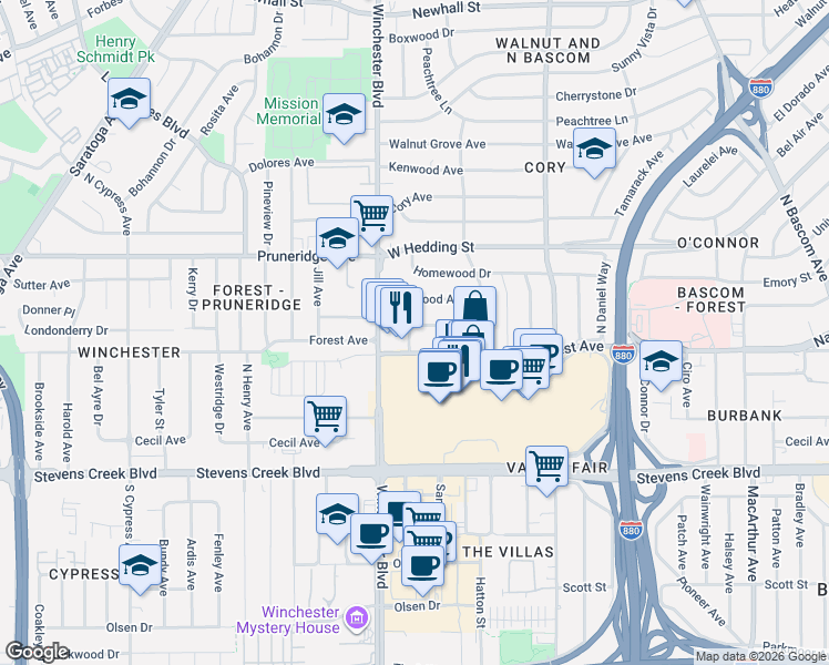 map of restaurants, bars, coffee shops, grocery stores, and more near 2452 Beechwood Avenue in San Jose