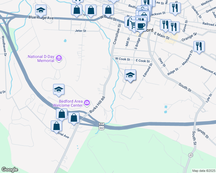 map of restaurants, bars, coffee shops, grocery stores, and more near 725 Burks Hill Road in Bedford