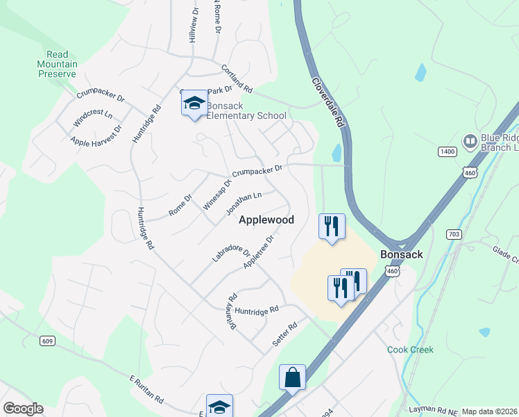 map of restaurants, bars, coffee shops, grocery stores, and more near 5030 Harvest Ridge Road in Roanoke