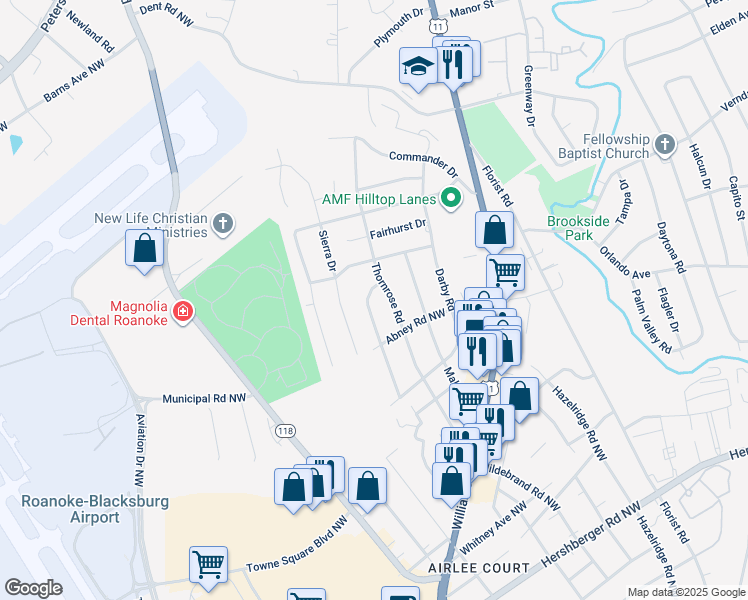 map of restaurants, bars, coffee shops, grocery stores, and more near 5753 Littleton Road in Roanoke