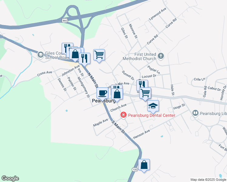 map of restaurants, bars, coffee shops, grocery stores, and more near 605 Wenonah Avenue in Pearisburg