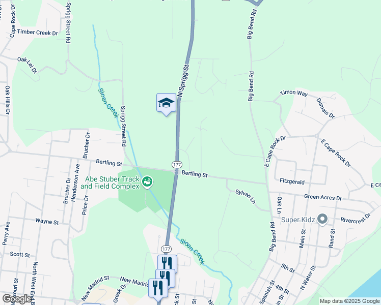 map of restaurants, bars, coffee shops, grocery stores, and more near 1710 North Sprigg Street in Cape Girardeau