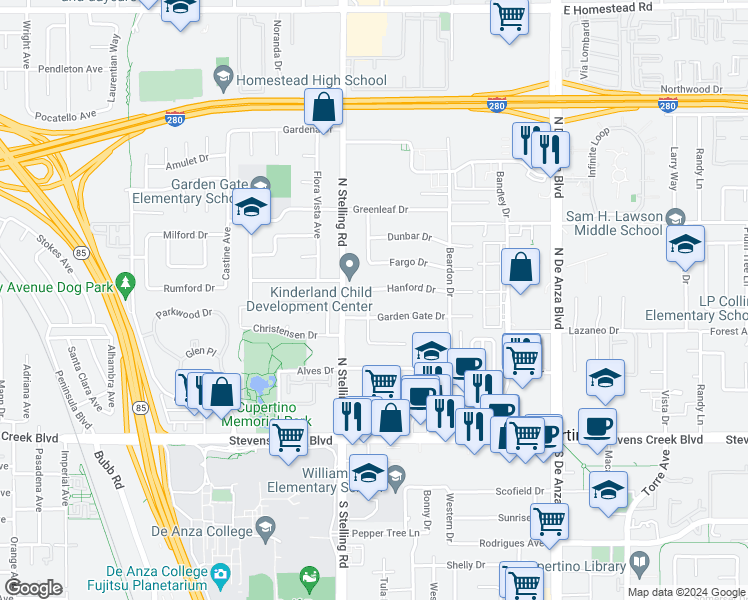 map of restaurants, bars, coffee shops, grocery stores, and more near 10308 Glencoe Drive in Cupertino