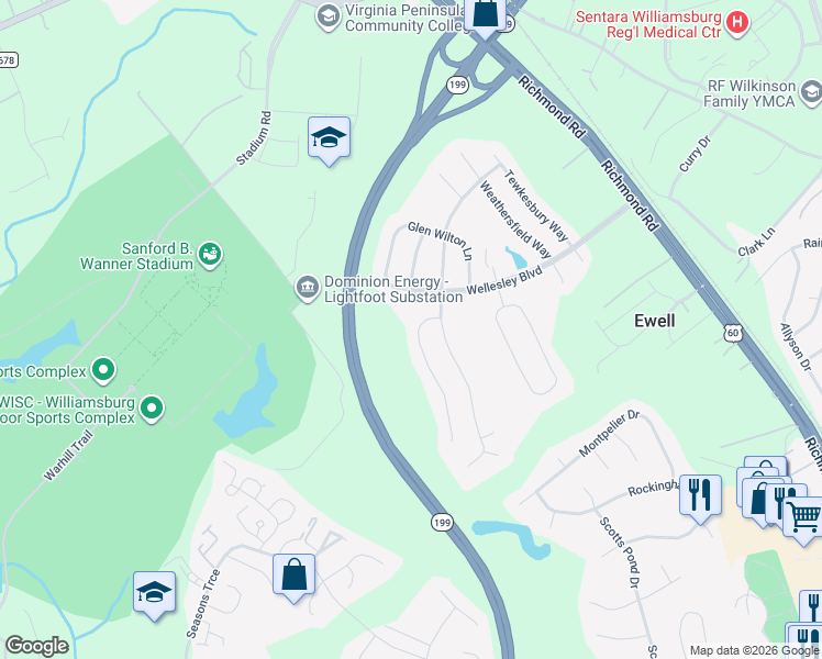 map of restaurants, bars, coffee shops, grocery stores, and more near 4724 Regents Park in Williamsburg