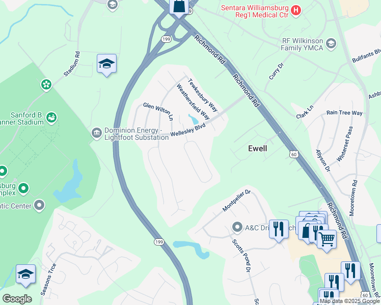 map of restaurants, bars, coffee shops, grocery stores, and more near 6123 South Mayfair Circle in Williamsburg