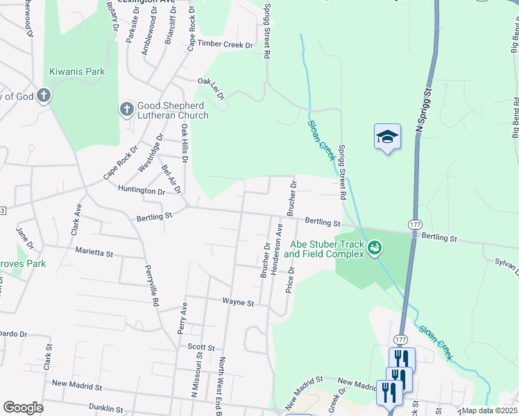 map of restaurants, bars, coffee shops, grocery stores, and more near 1310 Bertling Street in Cape Girardeau