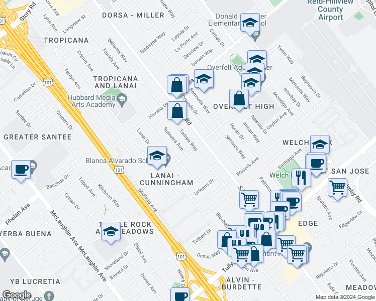map of restaurants, bars, coffee shops, grocery stores, and more near 1994 Sumatra Avenue in San Jose