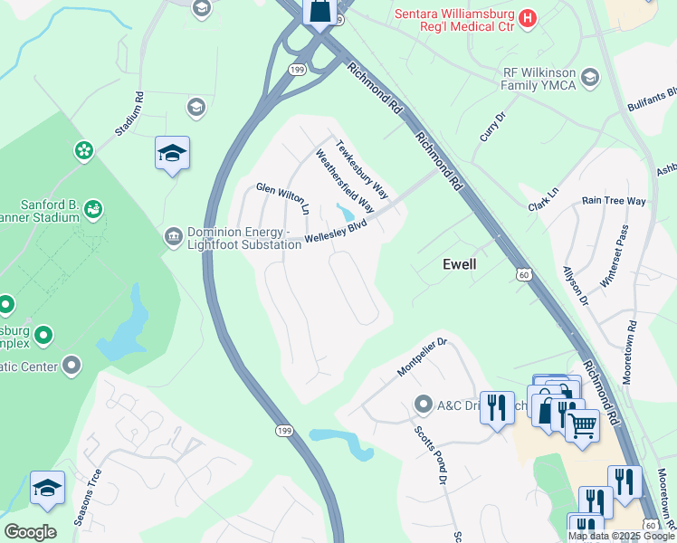 map of restaurants, bars, coffee shops, grocery stores, and more near 6123 South Mayfair Circle in Williamsburg