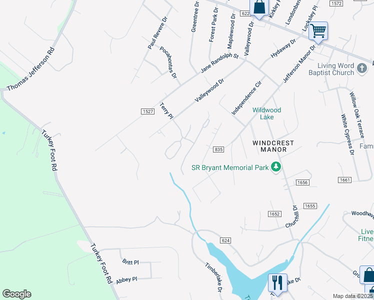 map of restaurants, bars, coffee shops, grocery stores, and more near 202 Goose Hollow Drive in Forest