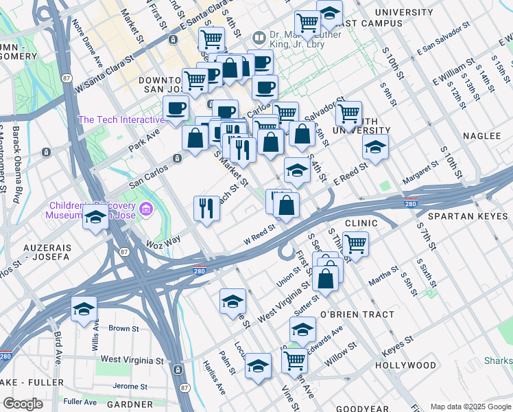 map of restaurants, bars, coffee shops, grocery stores, and more near 525 South Market Street in San Jose