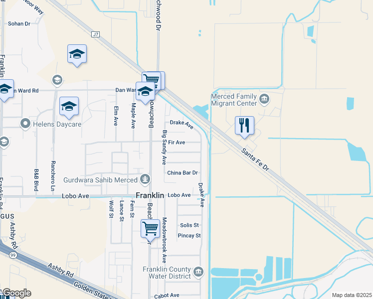 map of restaurants, bars, coffee shops, grocery stores, and more near 2118 Little Sandy Drive in Merced
