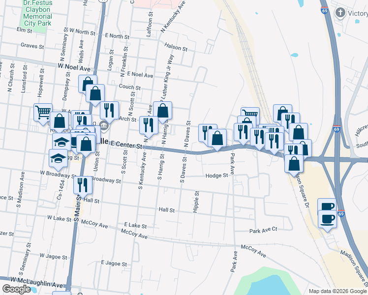 map of restaurants, bars, coffee shops, grocery stores, and more near 473 East Center Street in Madisonville