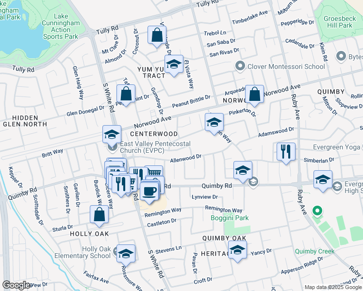 map of restaurants, bars, coffee shops, grocery stores, and more near 3117 Woods Way in San Jose