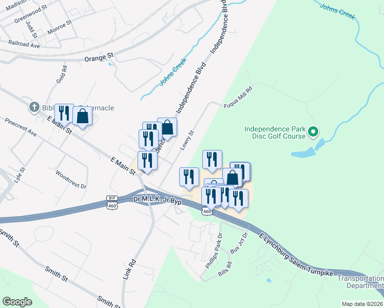 map of restaurants, bars, coffee shops, grocery stores, and more near 1344 Lowry Street in Bedford