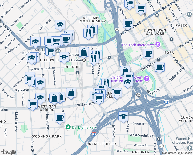 map of restaurants, bars, coffee shops, grocery stores, and more near 911 South Autumn Street in San Jose