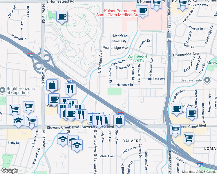 map of restaurants, bars, coffee shops, grocery stores, and more near 250 Howard Drive in Santa Clara