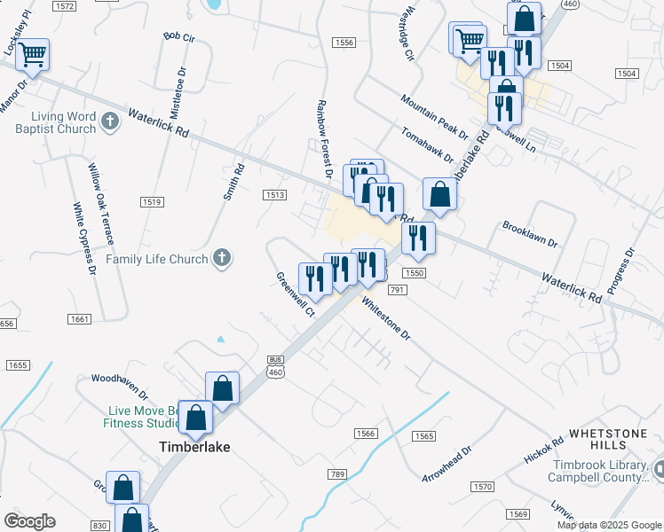 map of restaurants, bars, coffee shops, grocery stores, and more near 93 Greenwell Court in Lynchburg
