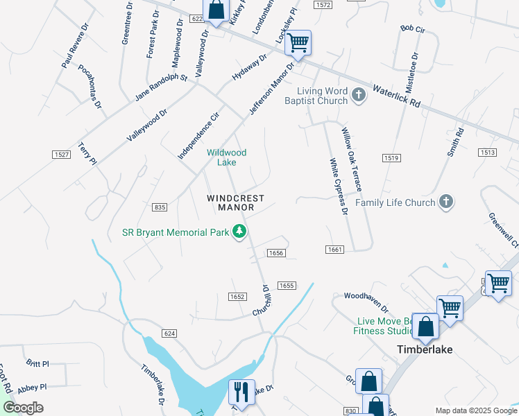 map of restaurants, bars, coffee shops, grocery stores, and more near 58 Little Ryan Lane in Forest