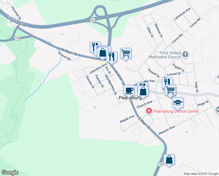map of restaurants, bars, coffee shops, grocery stores, and more near 302 Hobson Avenue in Pearisburg