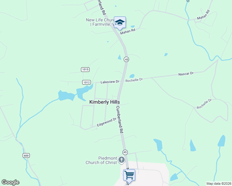 map of restaurants, bars, coffee shops, grocery stores, and more near 1597 Cumberland Road in Farmville