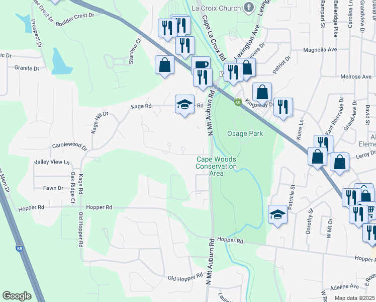 map of restaurants, bars, coffee shops, grocery stores, and more near 2914 Beavercreek Drive in Cape Girardeau