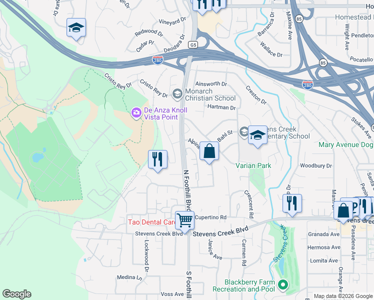 map of restaurants, bars, coffee shops, grocery stores, and more near 10350 North Foothill Boulevard in Cupertino