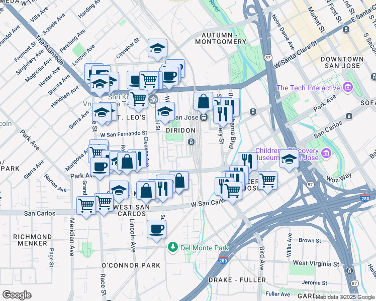 map of restaurants, bars, coffee shops, grocery stores, and more near 235 Laurel Grove Lane in San Jose