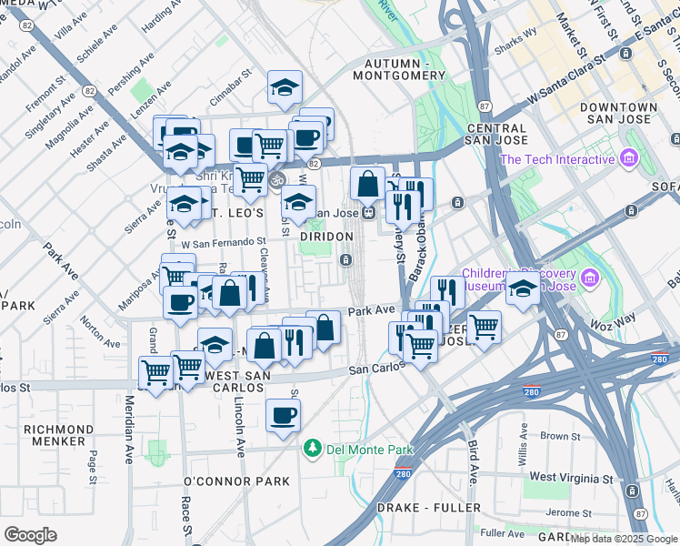 map of restaurants, bars, coffee shops, grocery stores, and more near 235 Laurel Grove Lane in San Jose