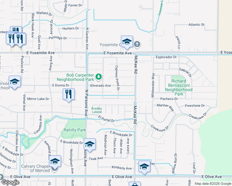 map of restaurants, bars, coffee shops, grocery stores, and more near 3437 Cypress Point Drive in Merced