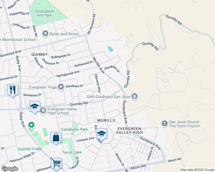 map of restaurants, bars, coffee shops, grocery stores, and more near 3053 Cedar Ridge Court in San Jose