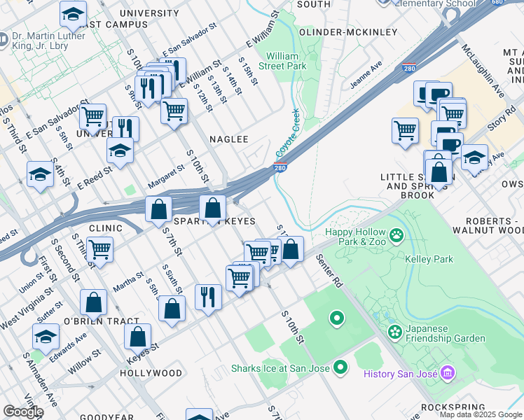map of restaurants, bars, coffee shops, grocery stores, and more near 516 Martha Street in San Jose