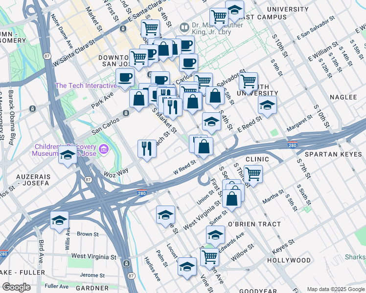 map of restaurants, bars, coffee shops, grocery stores, and more near 525 South Market Street in San Jose