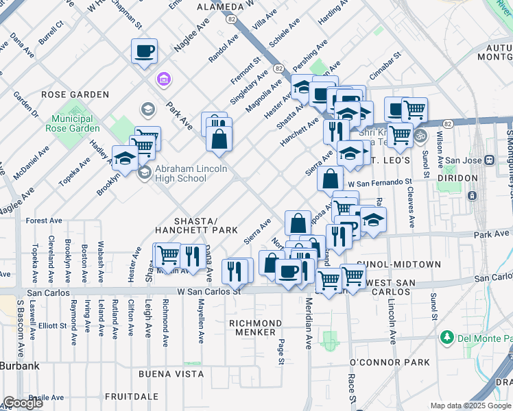 map of restaurants, bars, coffee shops, grocery stores, and more near 1259 Park Avenue in San Jose